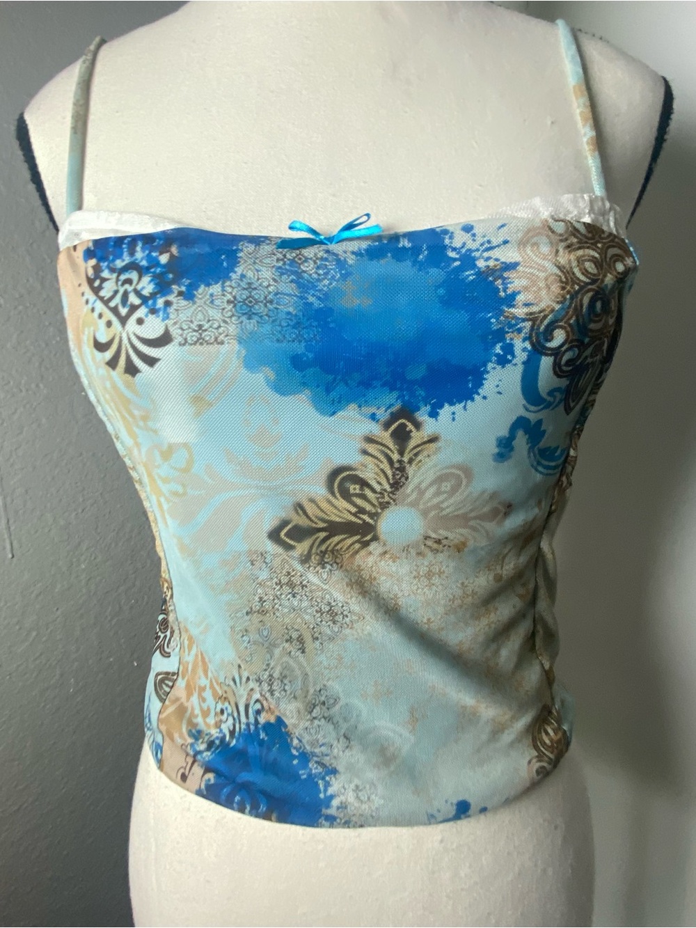Y2K Forever 21 Fairy Blue Boho Print Mesh & Lace Tank Top Size Small